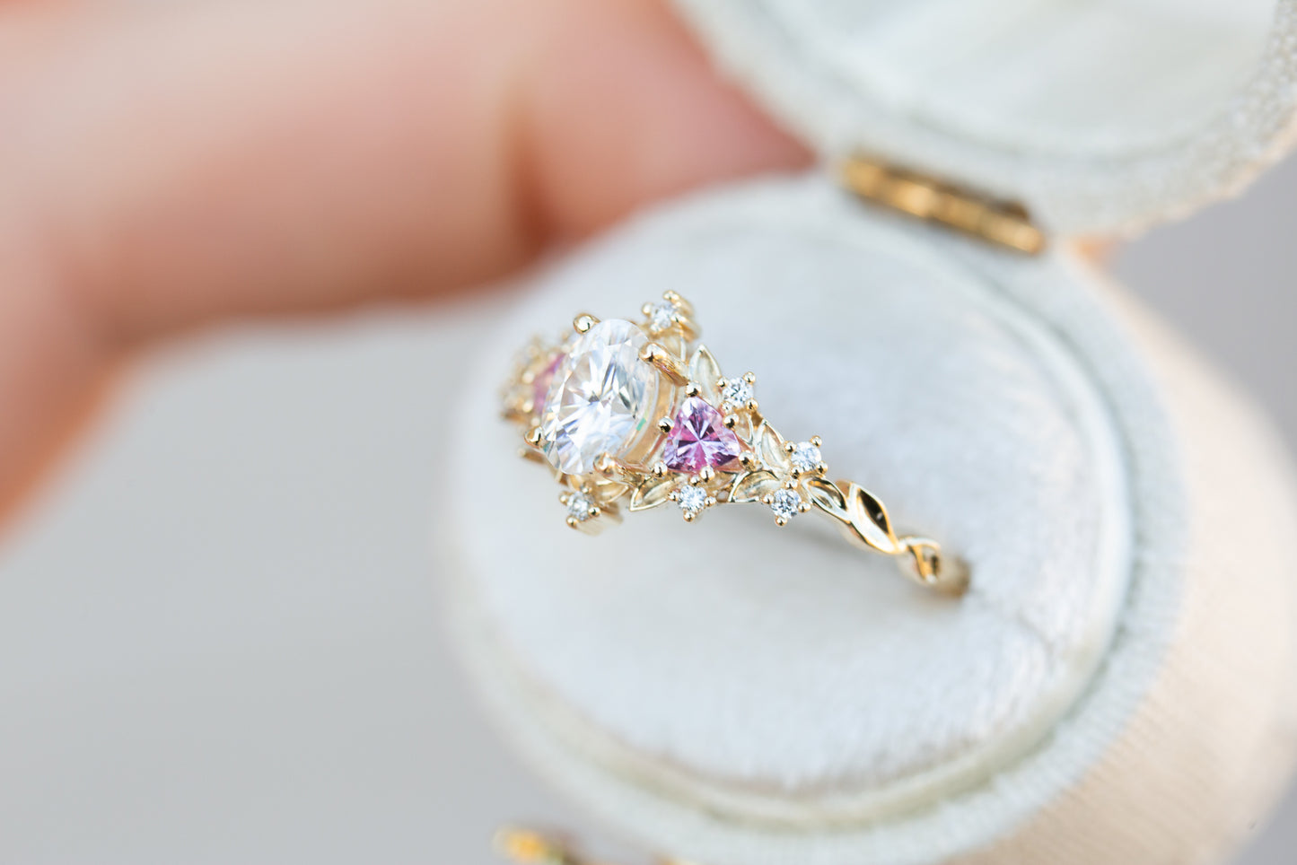 Load image into Gallery viewer, Briar rose three stone with oval moissanite and pink sapphire (fairy queen ring)
