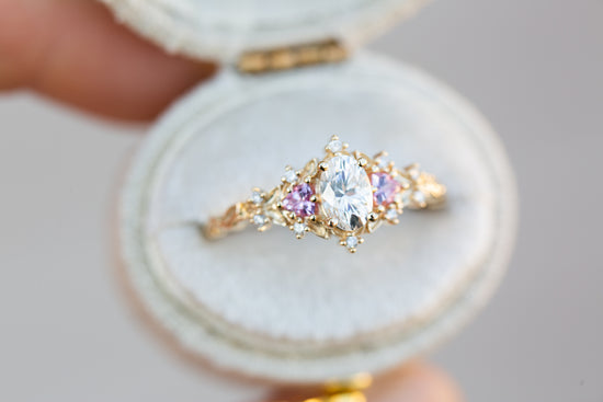Load image into Gallery viewer, Briar rose three stone with oval moissanite and pink sapphire (fairy queen ring)
