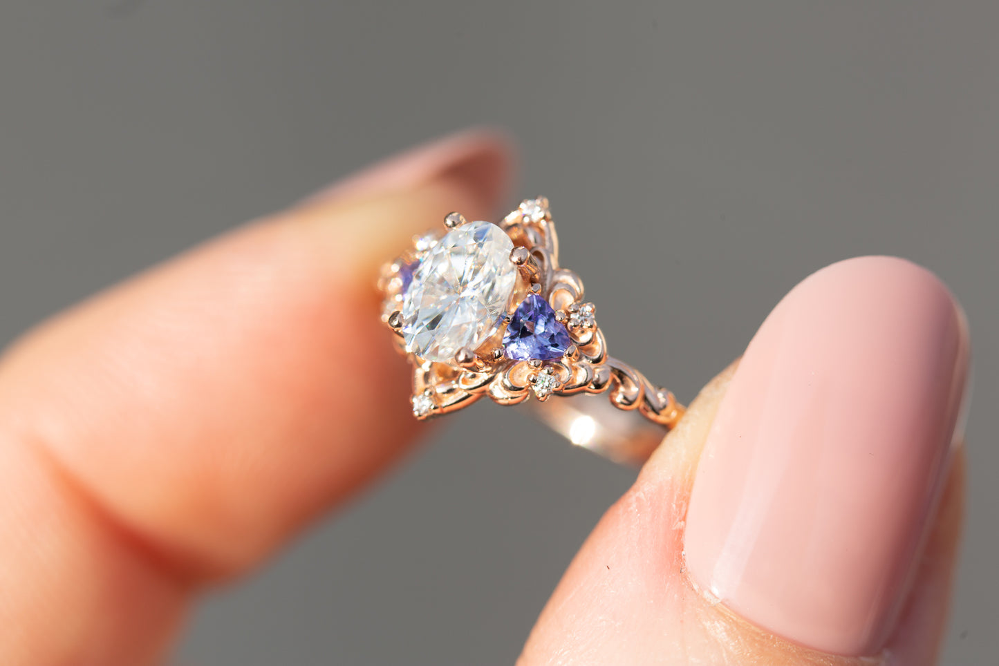 Load image into Gallery viewer, Aurora three stone with oval moissanite and tanzanite
