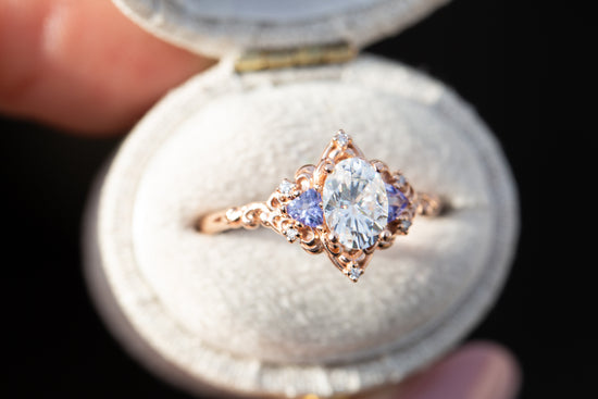 Load image into Gallery viewer, Aurora three stone with oval moissanite and tanzanite
