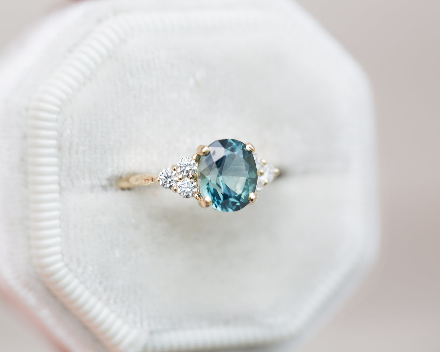 Load image into Gallery viewer, Oval teal sapphire leaf engagement ring, seraphina setting

