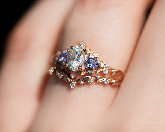 Load image into Gallery viewer, Briar rose three stone with oval moissanite and tanzanite (fairy queen ring)
