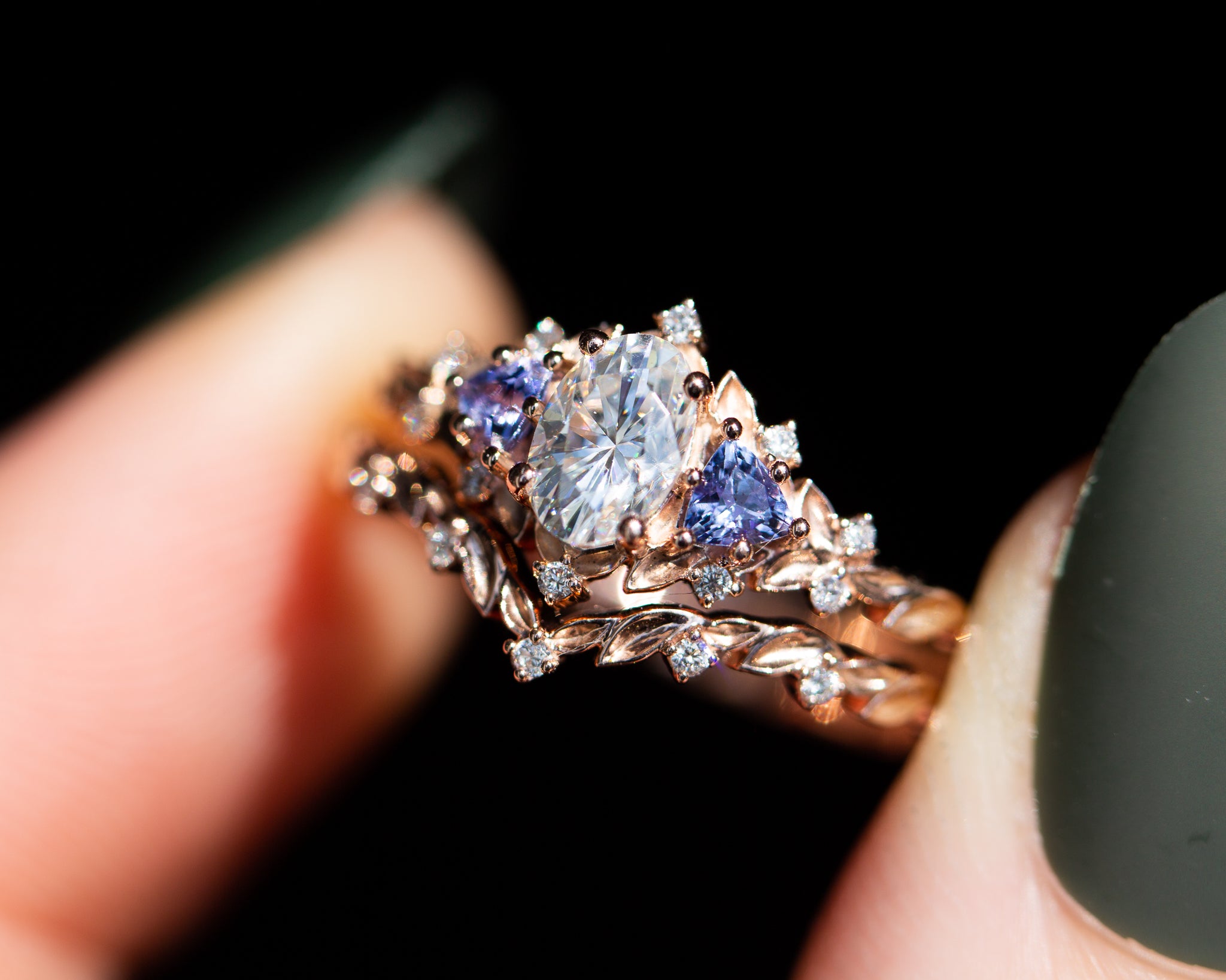 Briar Rose Three Stone with oval moissanite and tanzanite (fairy
