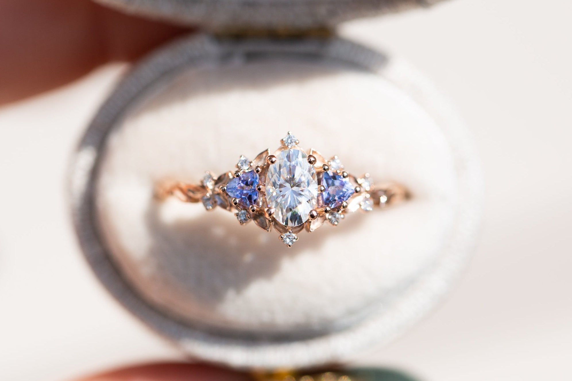 Briar Rose Three Stone with oval moissanite and tanzanite (fairy