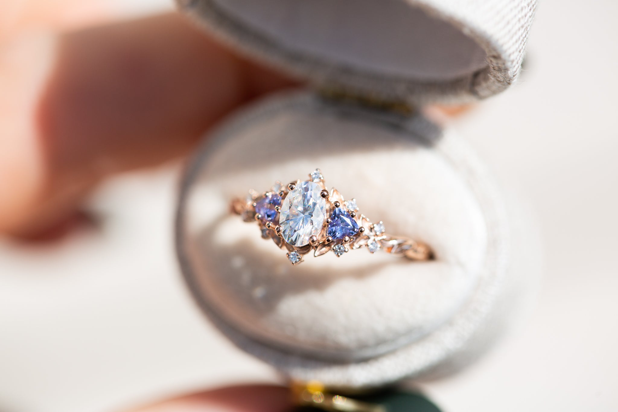 Briar Rose Three Stone with oval moissanite and tanzanite (fairy