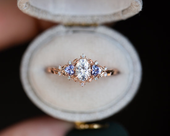 Load image into Gallery viewer, Briar rose three stone with oval moissanite and tanzanite (fairy queen ring)

