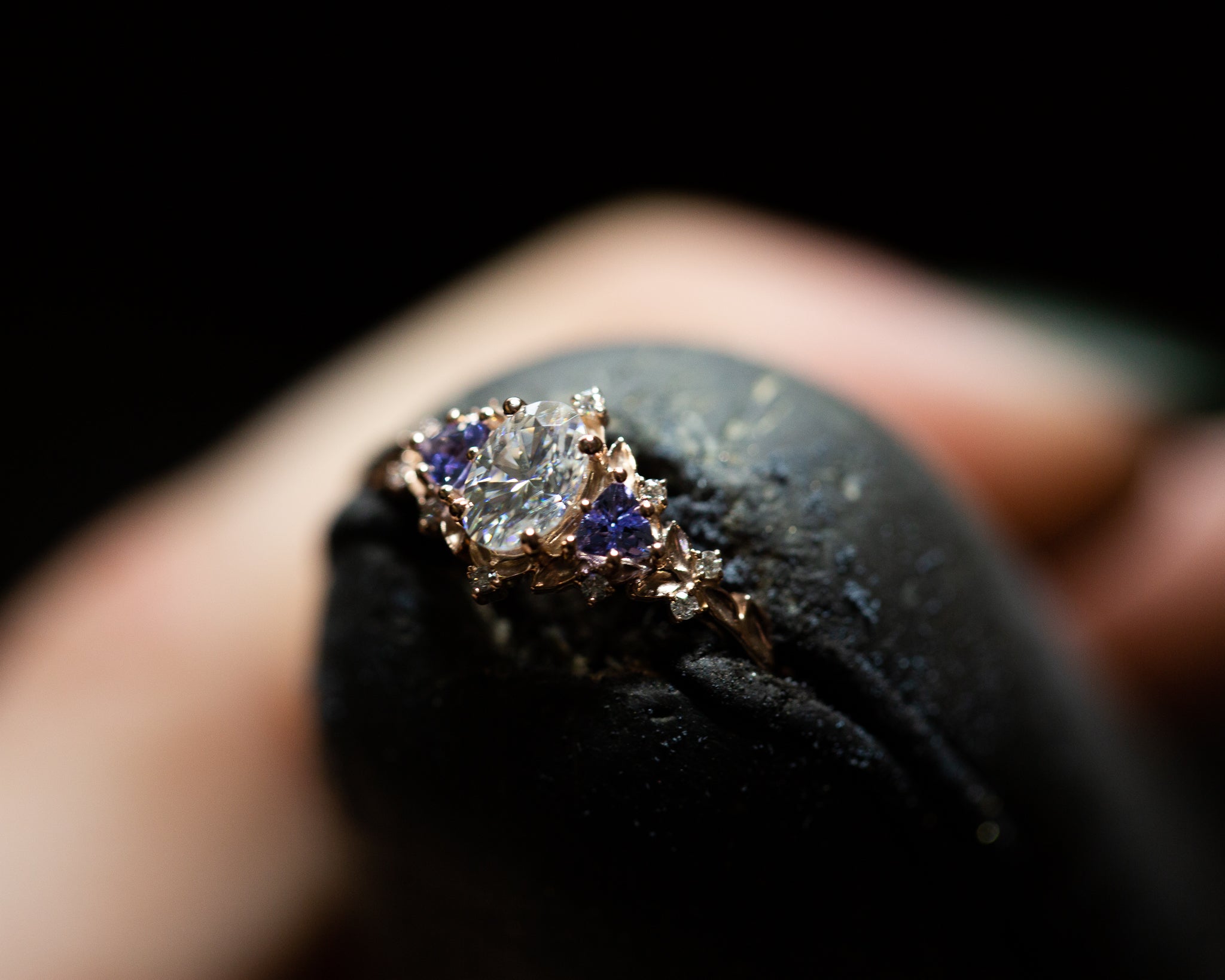 Briar Rose Three Stone with oval moissanite and tanzanite (fairy