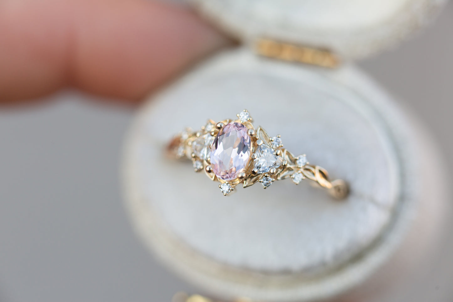 Load image into Gallery viewer, Briar rose three stone with oval lab light pink sapphire
