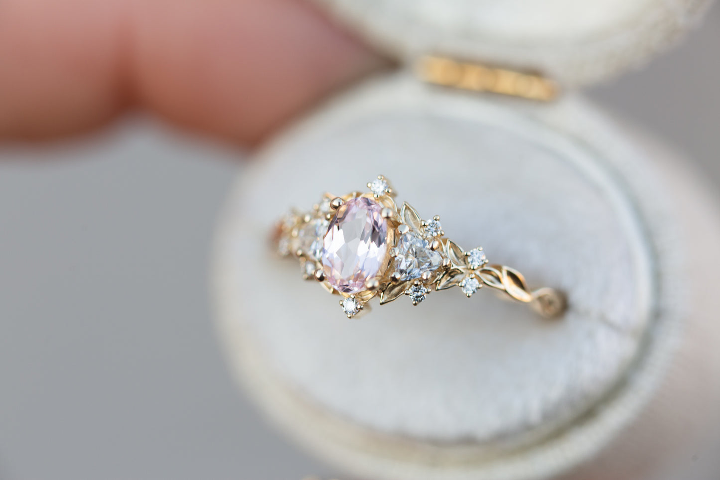 Briar rose three stone with oval lab pink sapphire