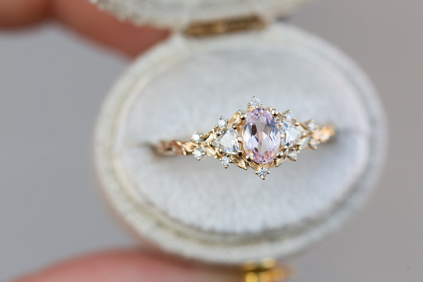 Load image into Gallery viewer, Briar rose three stone with oval lab light pink sapphire
