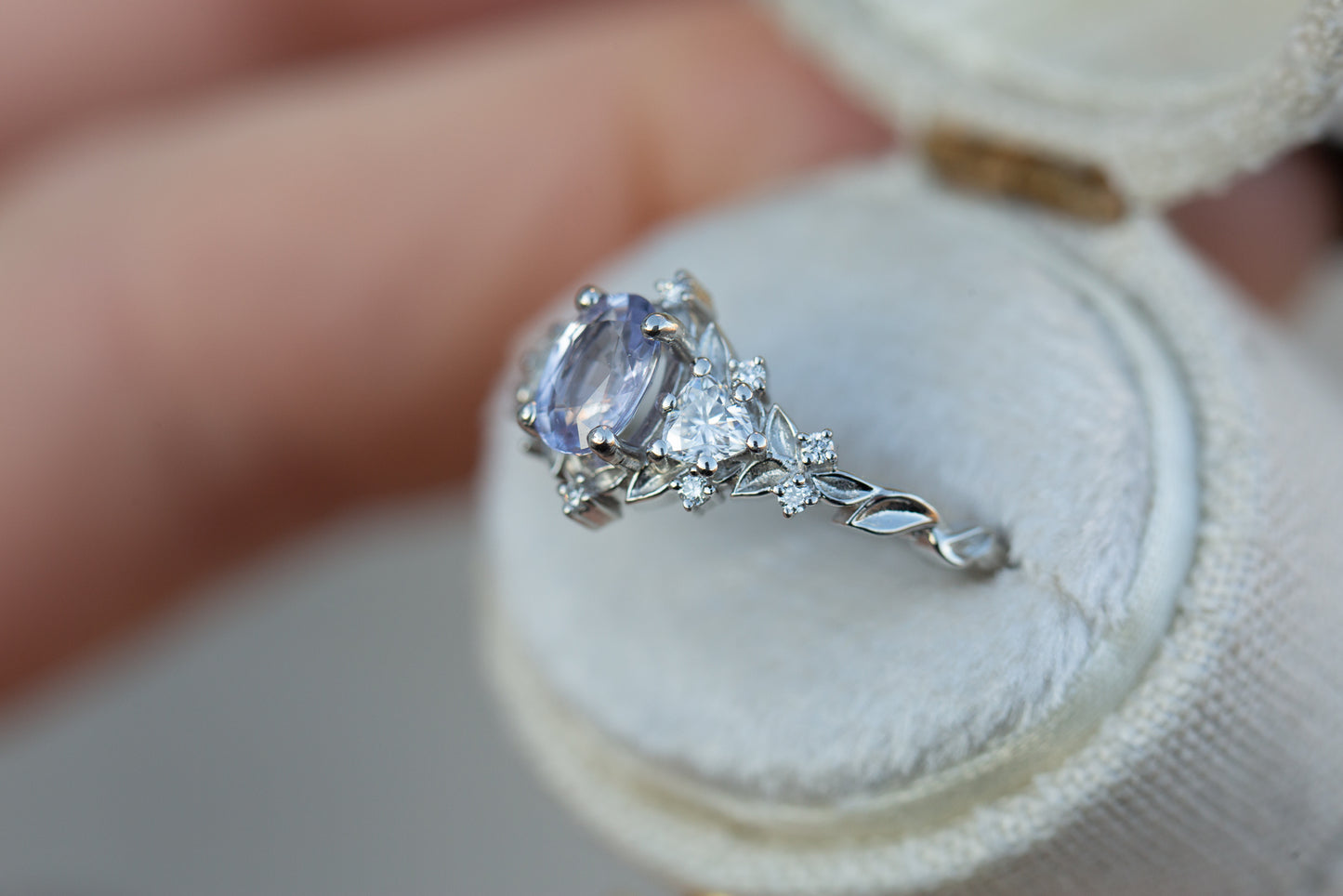 Briar rose three stone with oval lavender sapphire