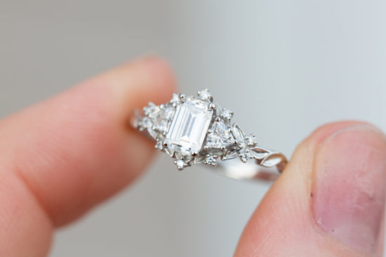 Load image into Gallery viewer, Briar rose three stone with 6x4mm emerald cut moissanite

