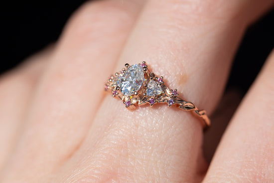 Briar rose three stone with moissanite and pink sapphire accents