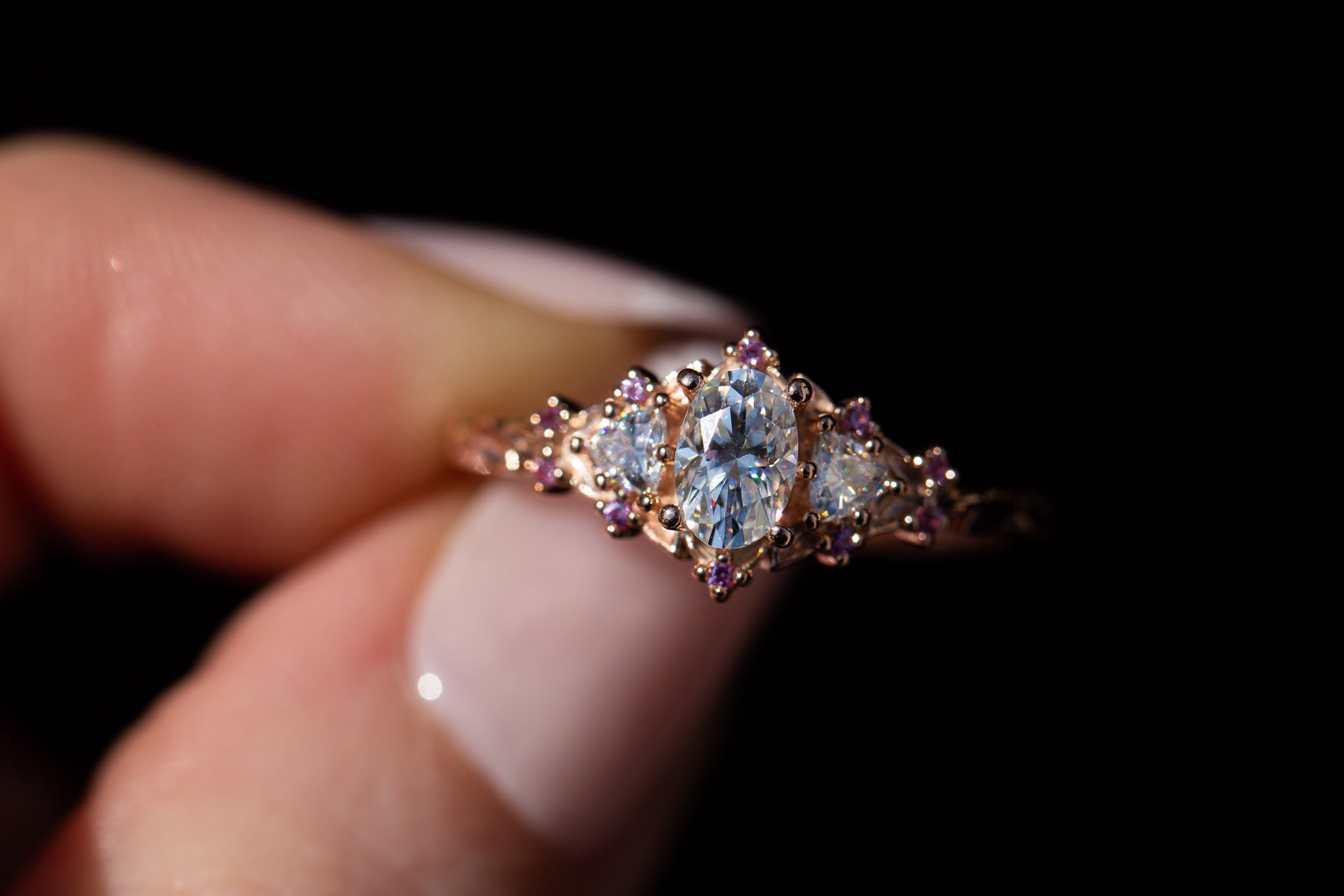 Briar rose three stone with moissanite and pink sapphire