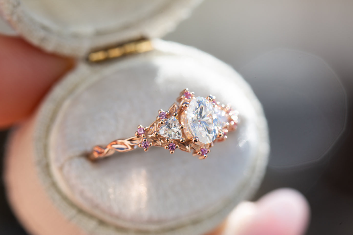 Briar rose three stone with moissanite and pink sapphire accents