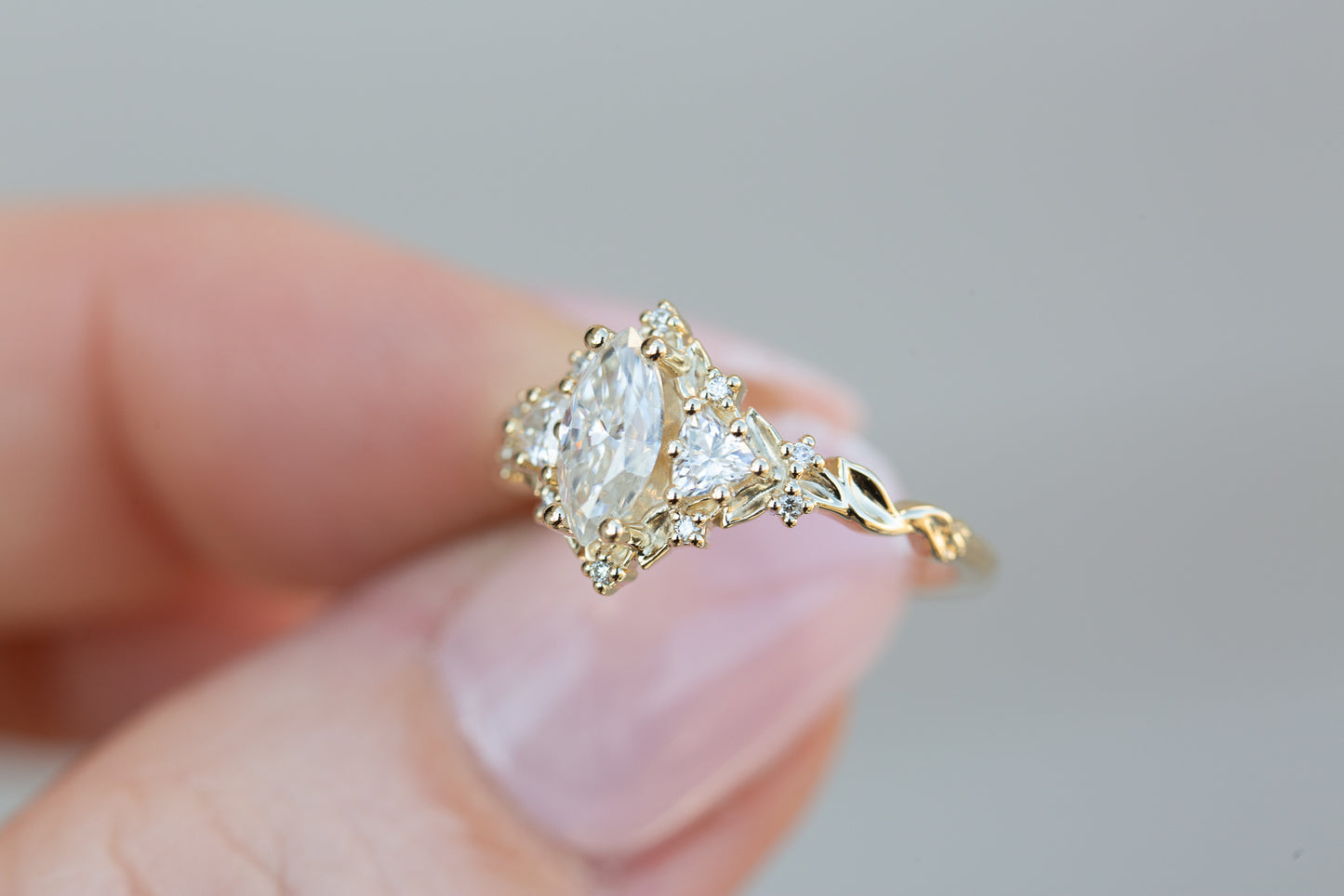 Briar rose three stone with 8x4mm marquise moissanite