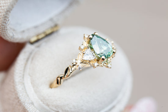 Load image into Gallery viewer, Briar rose three stone with pear teal moissanite
