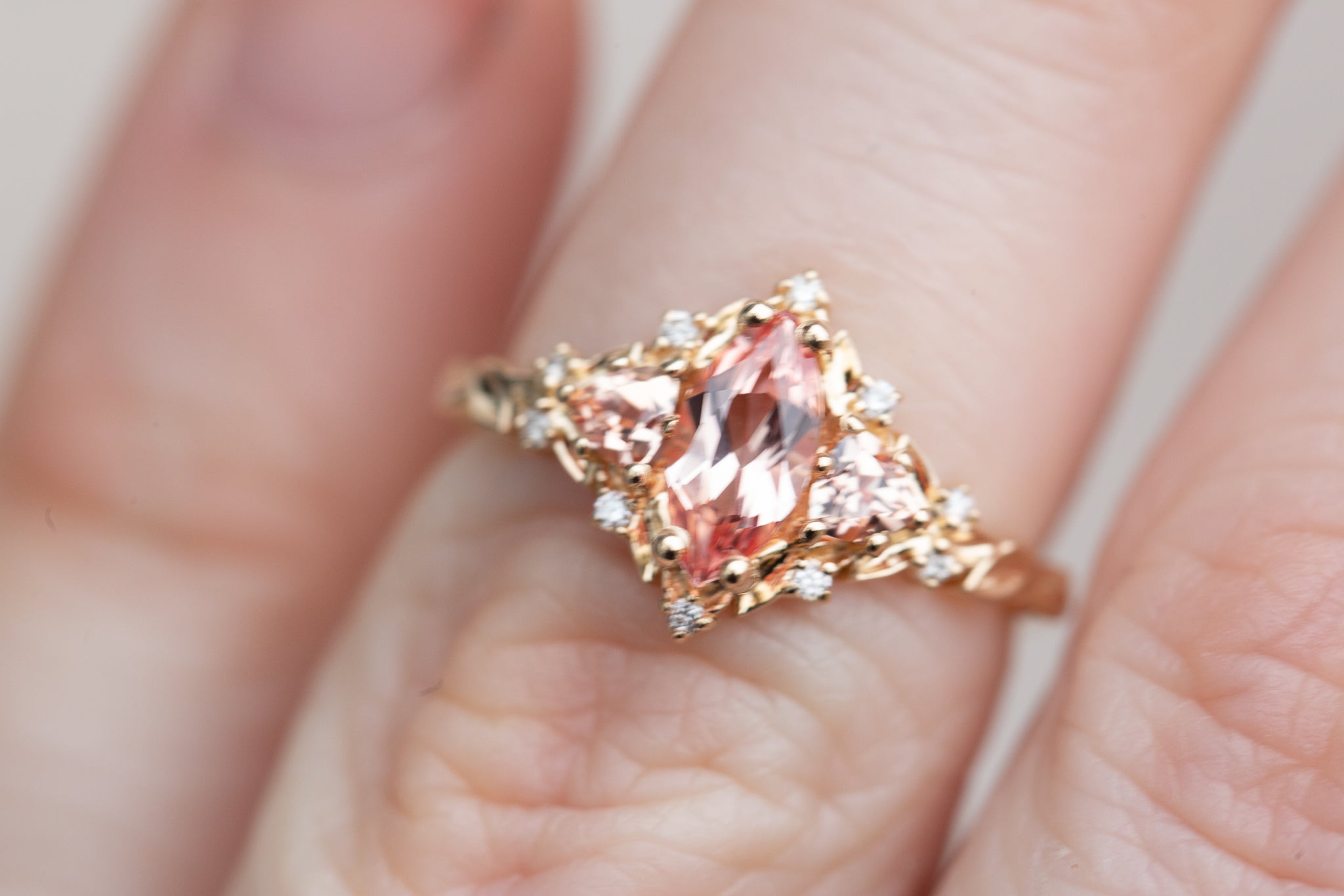 Briar Rose Three Stone with marquise peach sapphire – Oore Jewelry