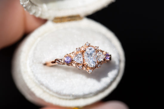 Load image into Gallery viewer, Briar rose five stone with moissanite and lavender sapphire
