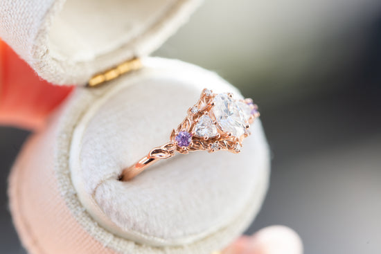 Load image into Gallery viewer, Briar rose five stone with moissanite and lavender sapphire
