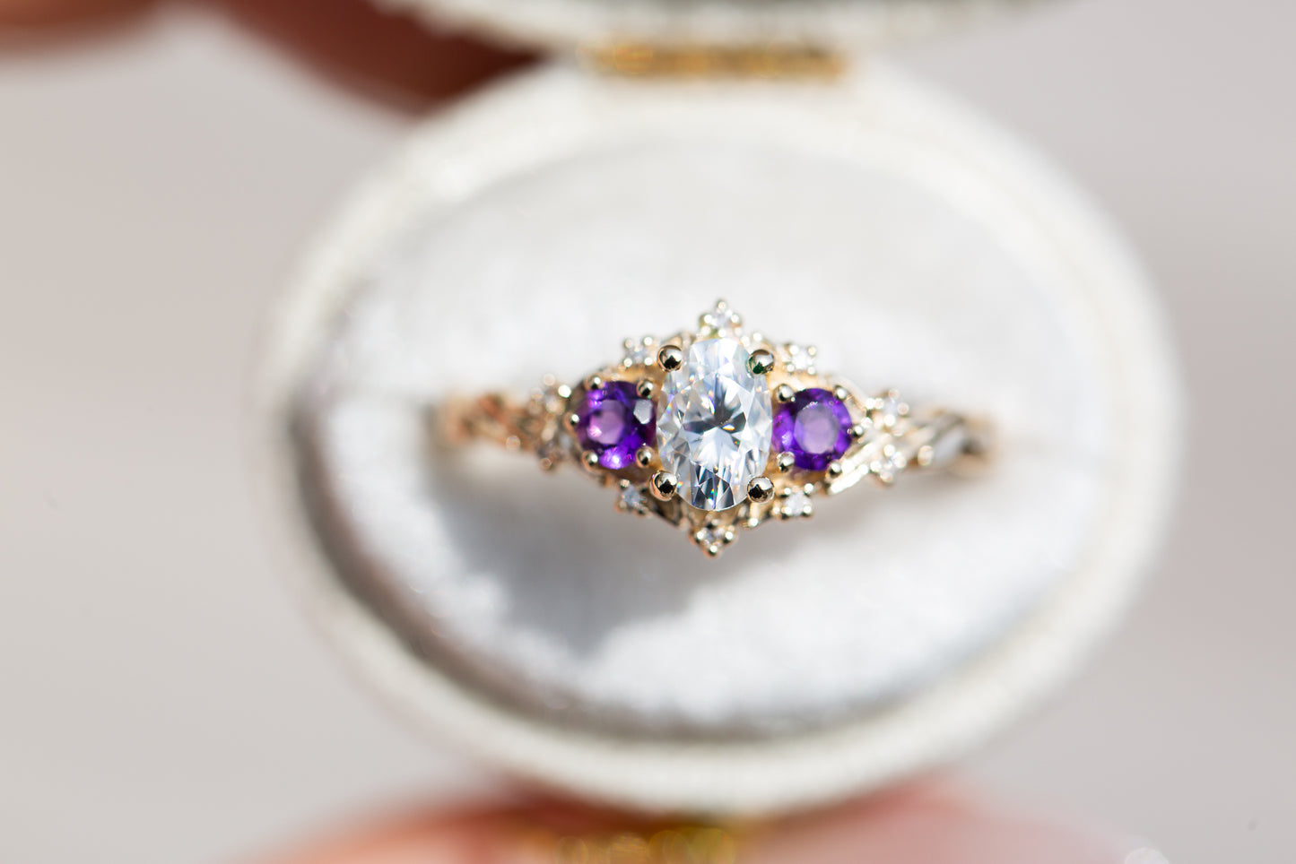 Briar rose three stone with oval moissanite and round amethyst side stones (fairy queen)