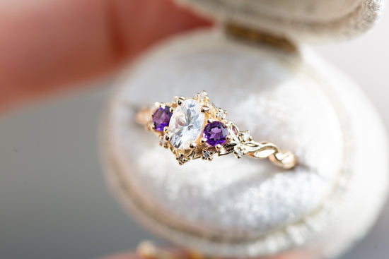 Load image into Gallery viewer, Briar rose three stone with oval moissanite and round amethyst side stones (fairy queen)

