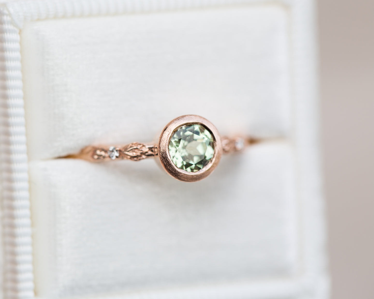 Round lab green sapphire bezel leaf ring