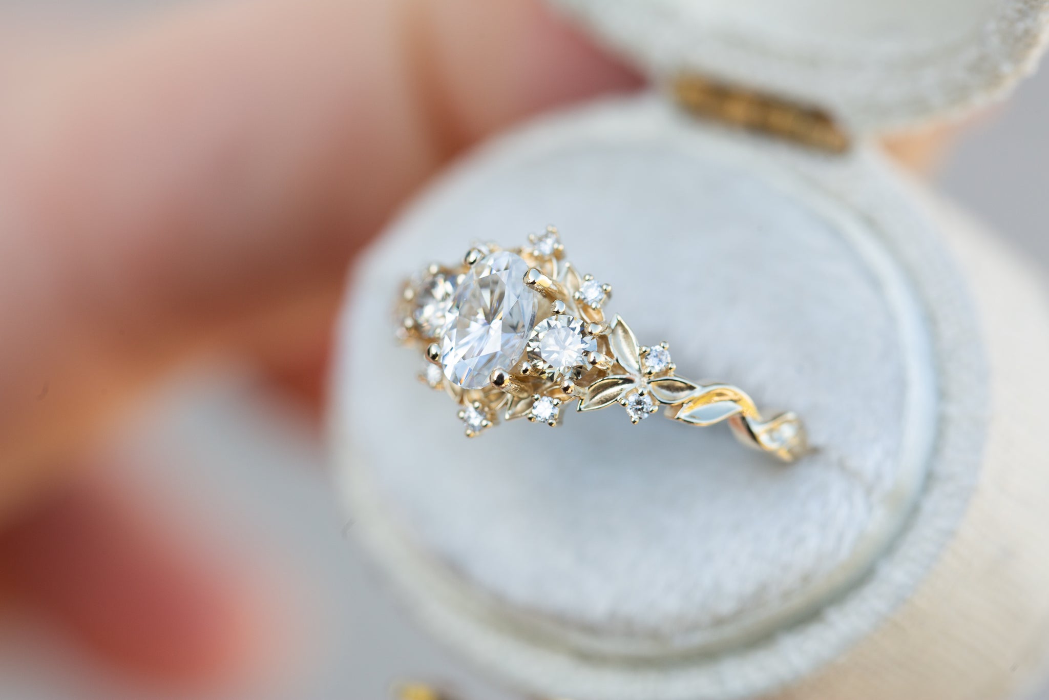 Briar Rose Three Stone with moissanite and champagne diamonds