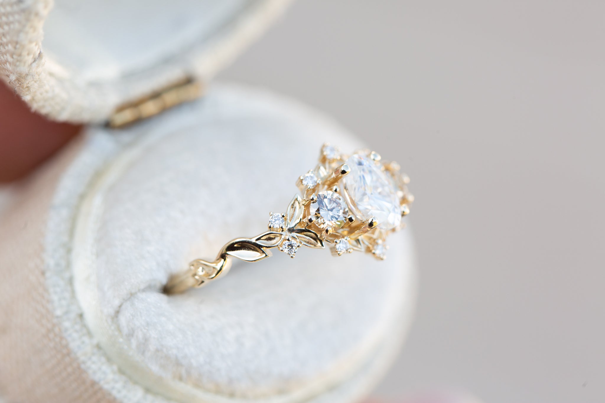 Briar Rose Three Stone with moissanite and champagne diamonds