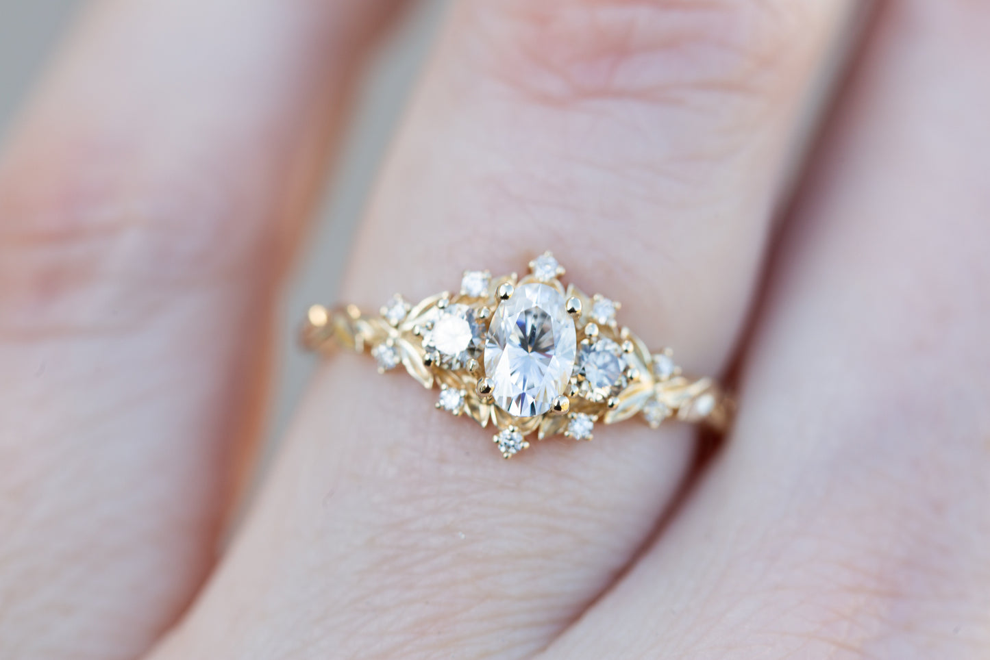 Briar rose three stone with moissanite and champagne diamonds