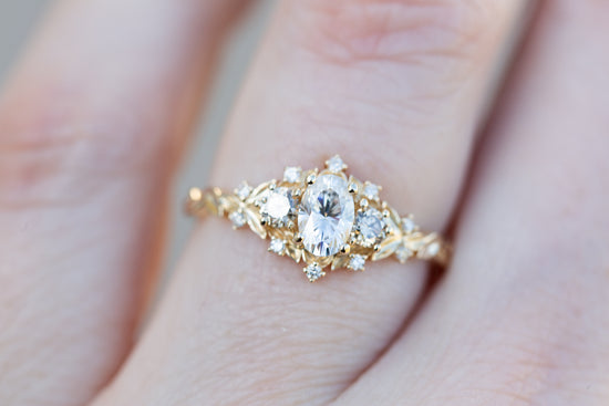 Briar rose three stone with moissanite and champagne diamonds