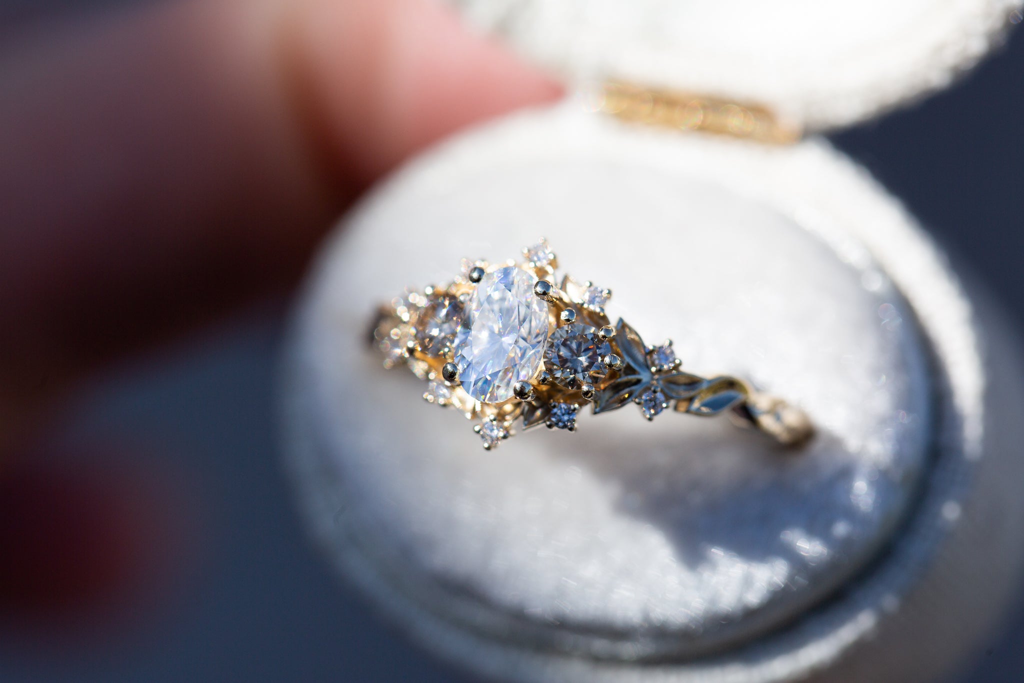 Briar Rose Three Stone with moissanite and champagne diamonds