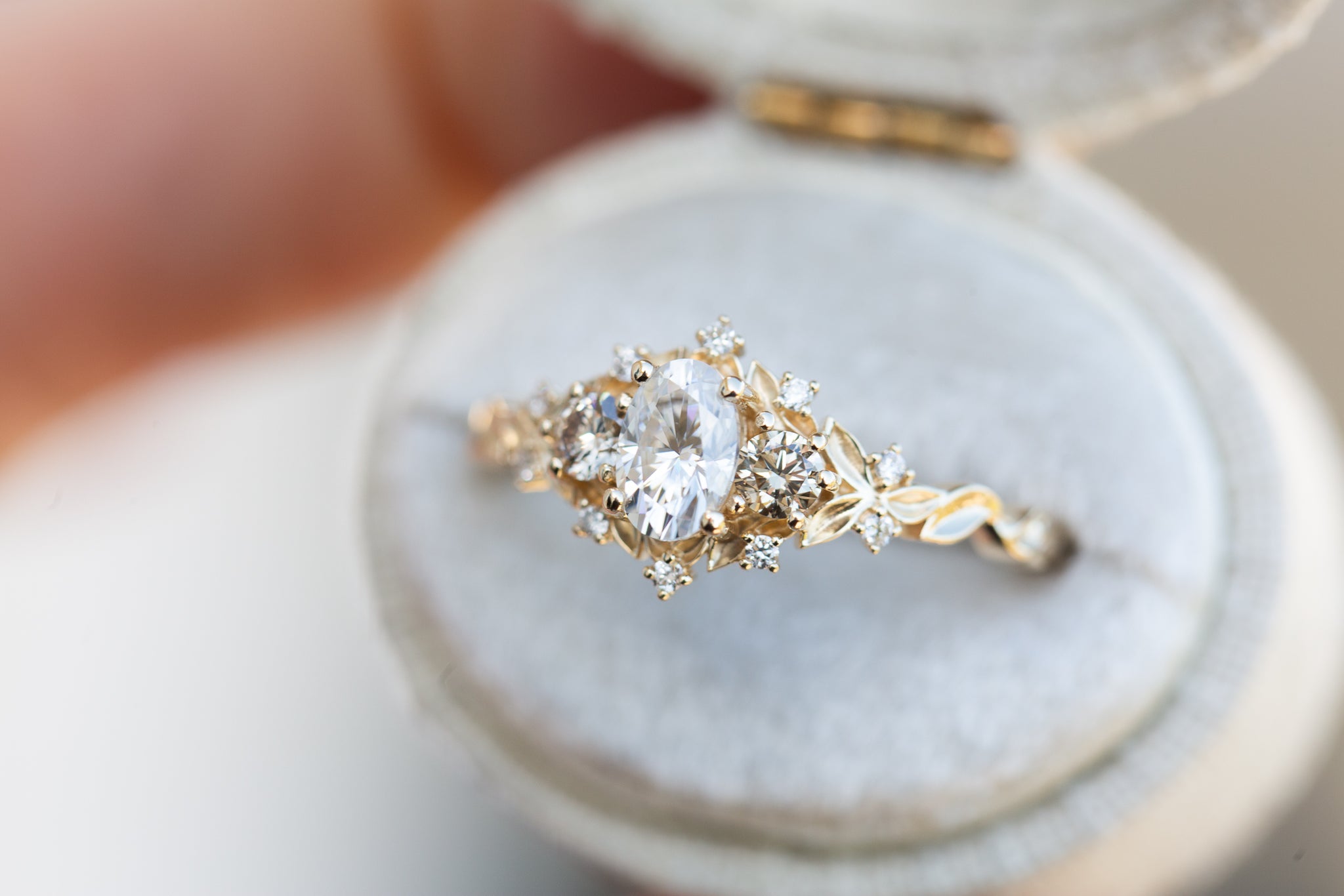 Briar rose three stone with moissanite and champagne