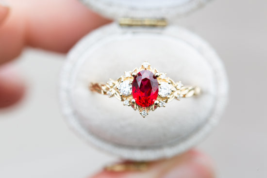 Load image into Gallery viewer, Briar rose three stone with 7x5mm oval lab ruby
