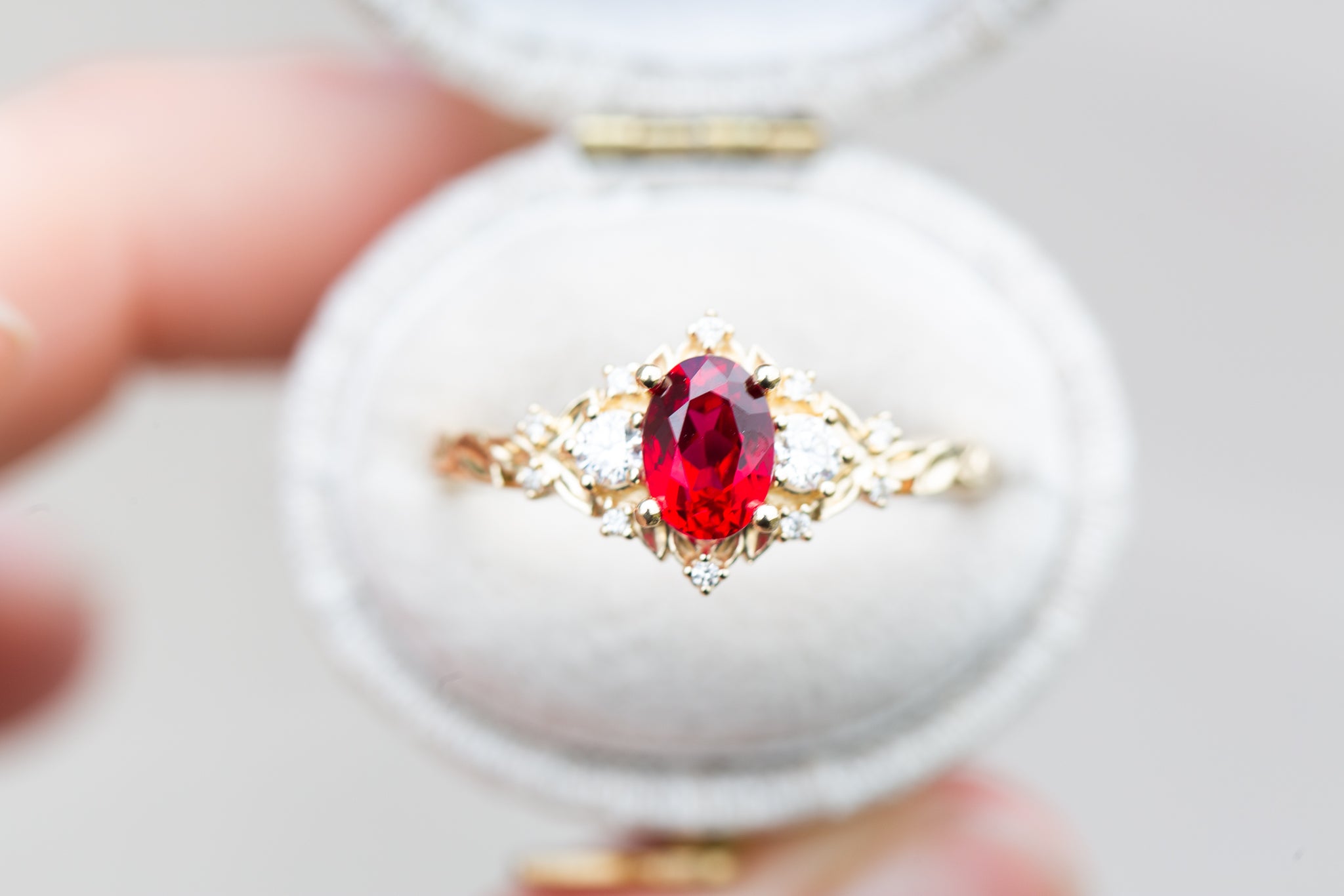 Briar Rose Three Stone with 7x5mm oval lab ruby – Oore Jewelry