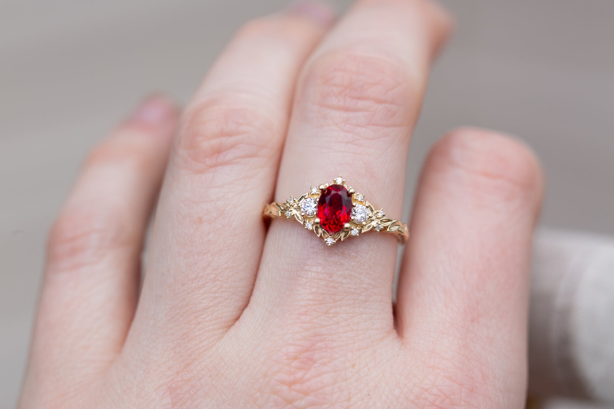 Briar Rose Three Stone with 7x5mm oval lab ruby – Oore Jewelry