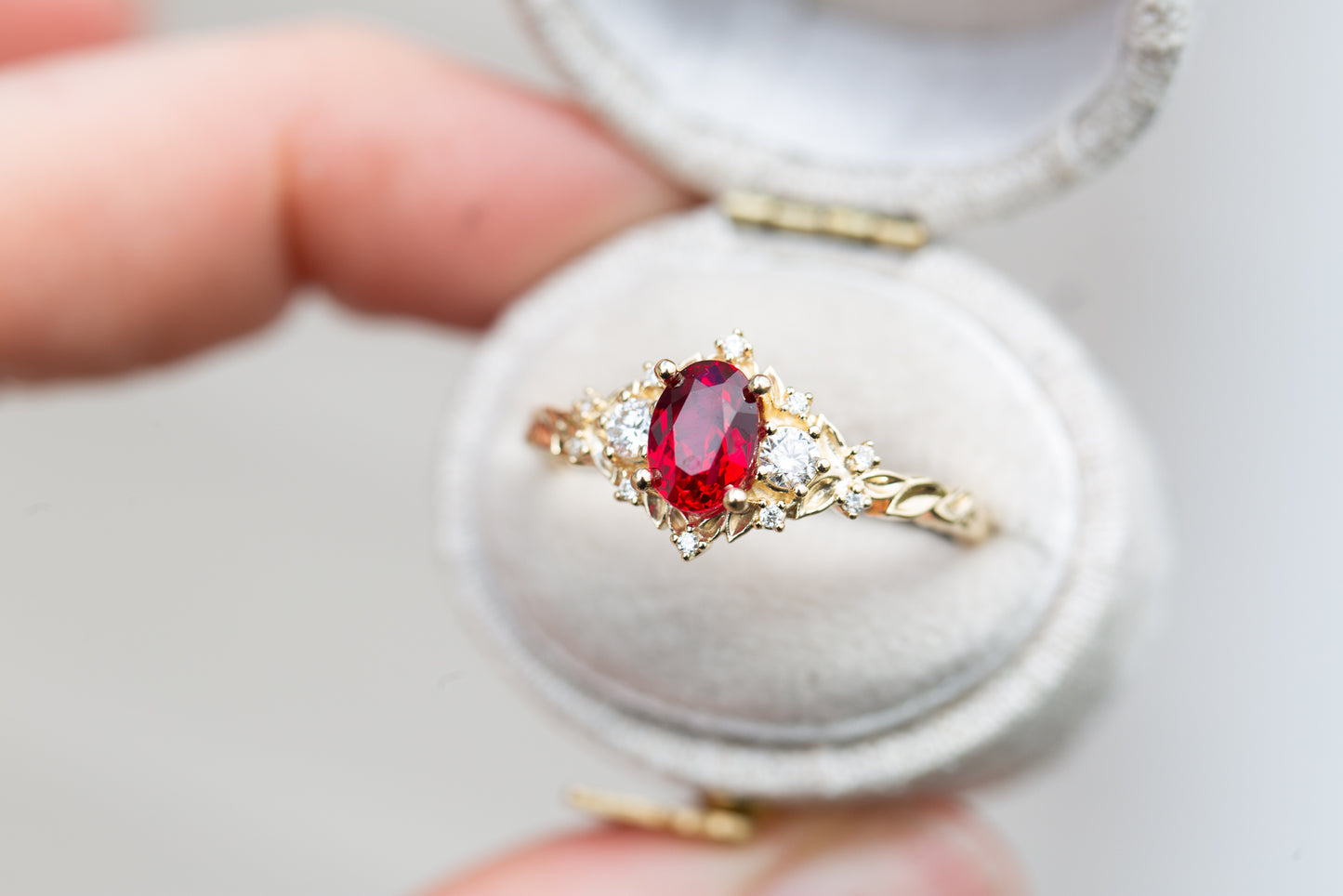 Load image into Gallery viewer, Briar rose three stone with 7x5mm oval lab ruby
