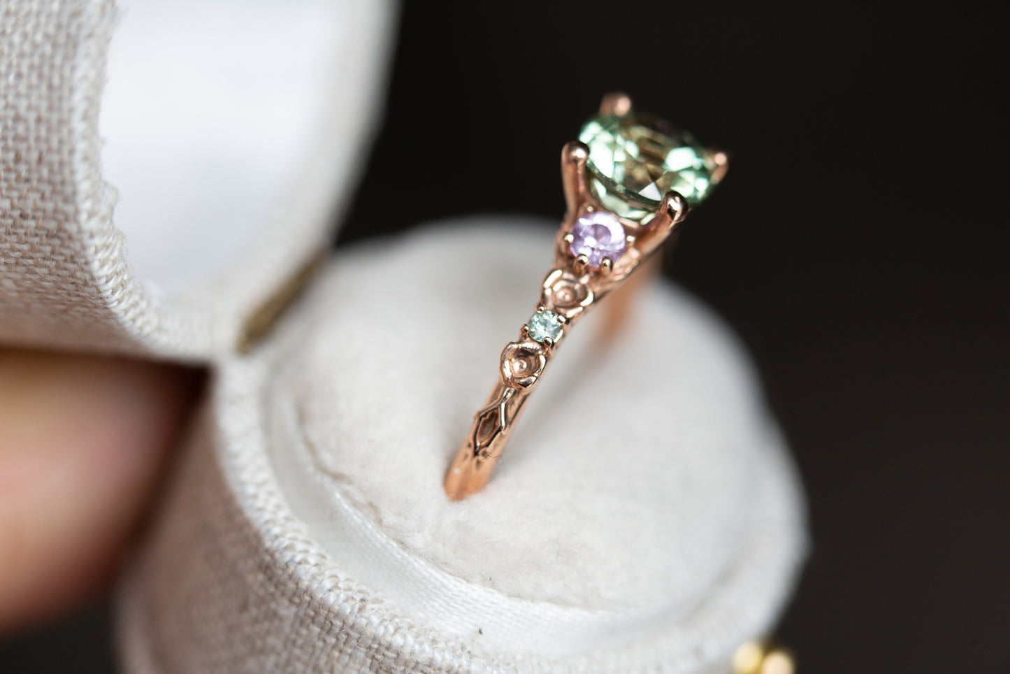 Load image into Gallery viewer, The Rosa setting with lab green sapphire
