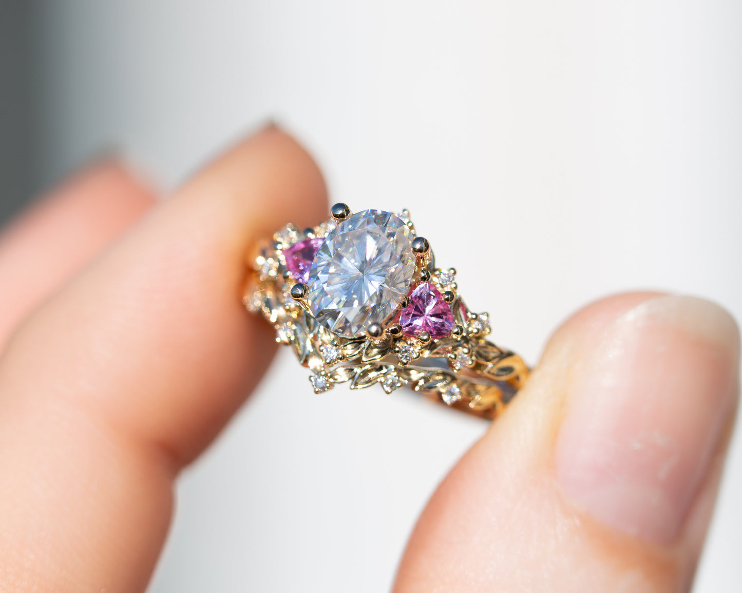 Briar rose three stone with moissanite and pink sapphire – Oore