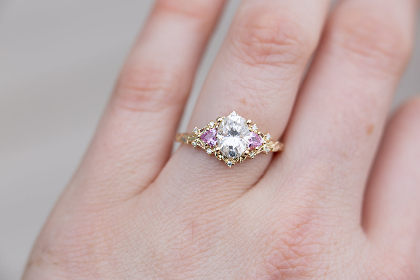 Briar rose three stone with moissanite and pink sapphire