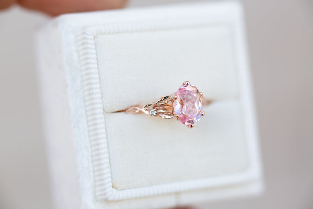 Oval lab pink sapphire leaf cathedral ring