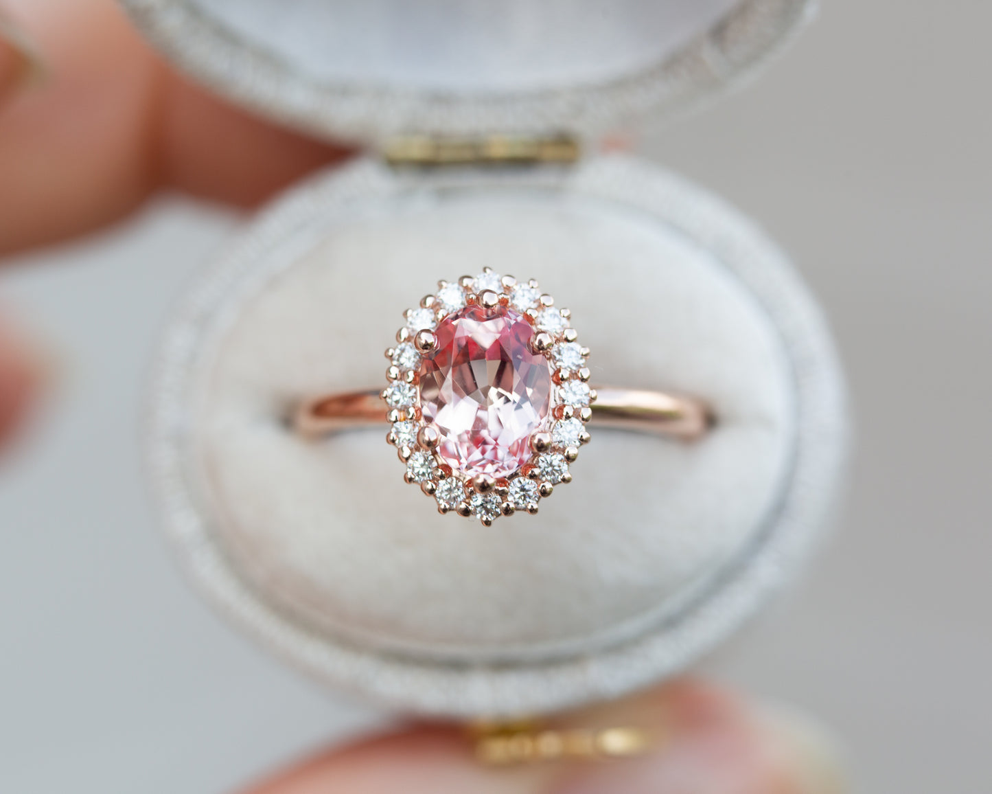 Load image into Gallery viewer, Oval lab peach sapphire halo ring

