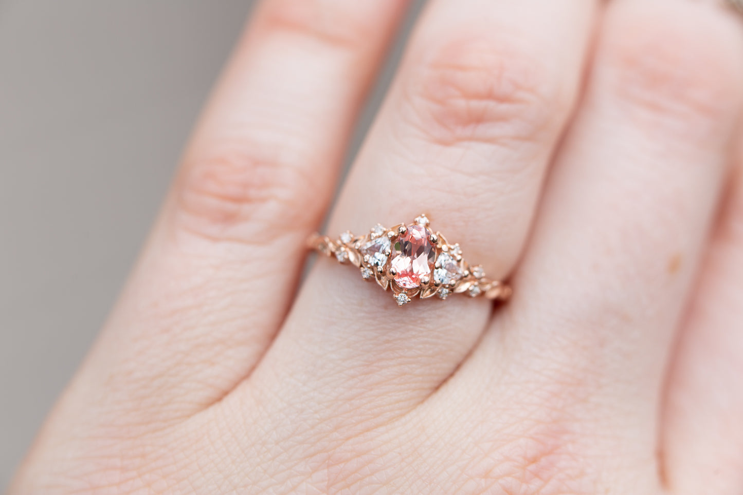 Briar rose three stone with oval lab peach sapphire (fairy queen ring)