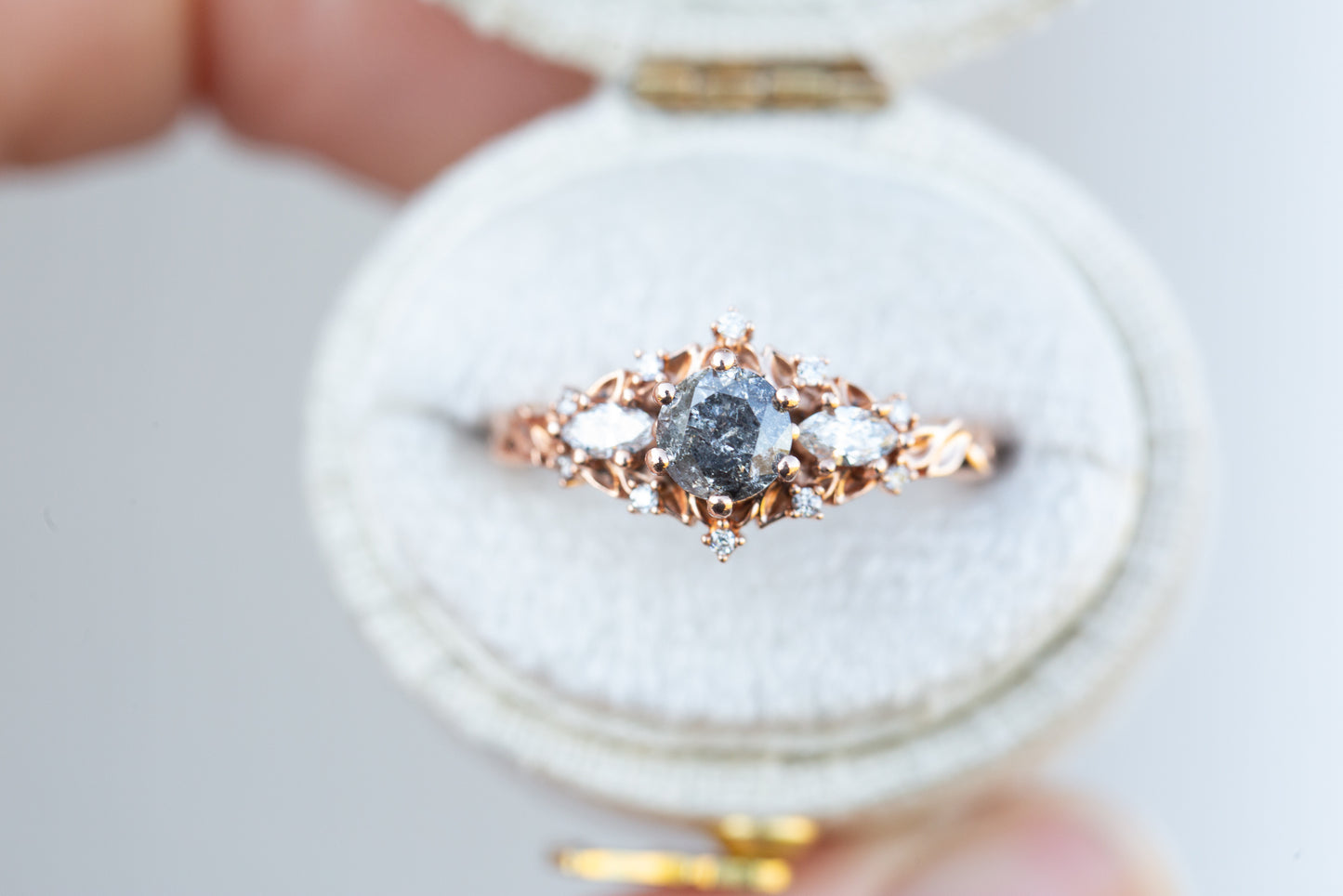 Load image into Gallery viewer, RESTOCKED! Briar rose three stone with round salt and pepper diamonds
