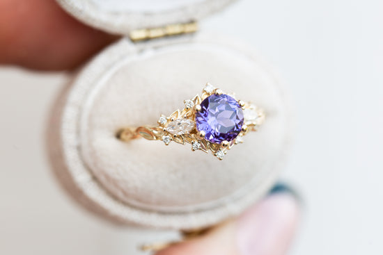 Load image into Gallery viewer, Briar rose three stone with 6.5mm round lab purple sapphire
