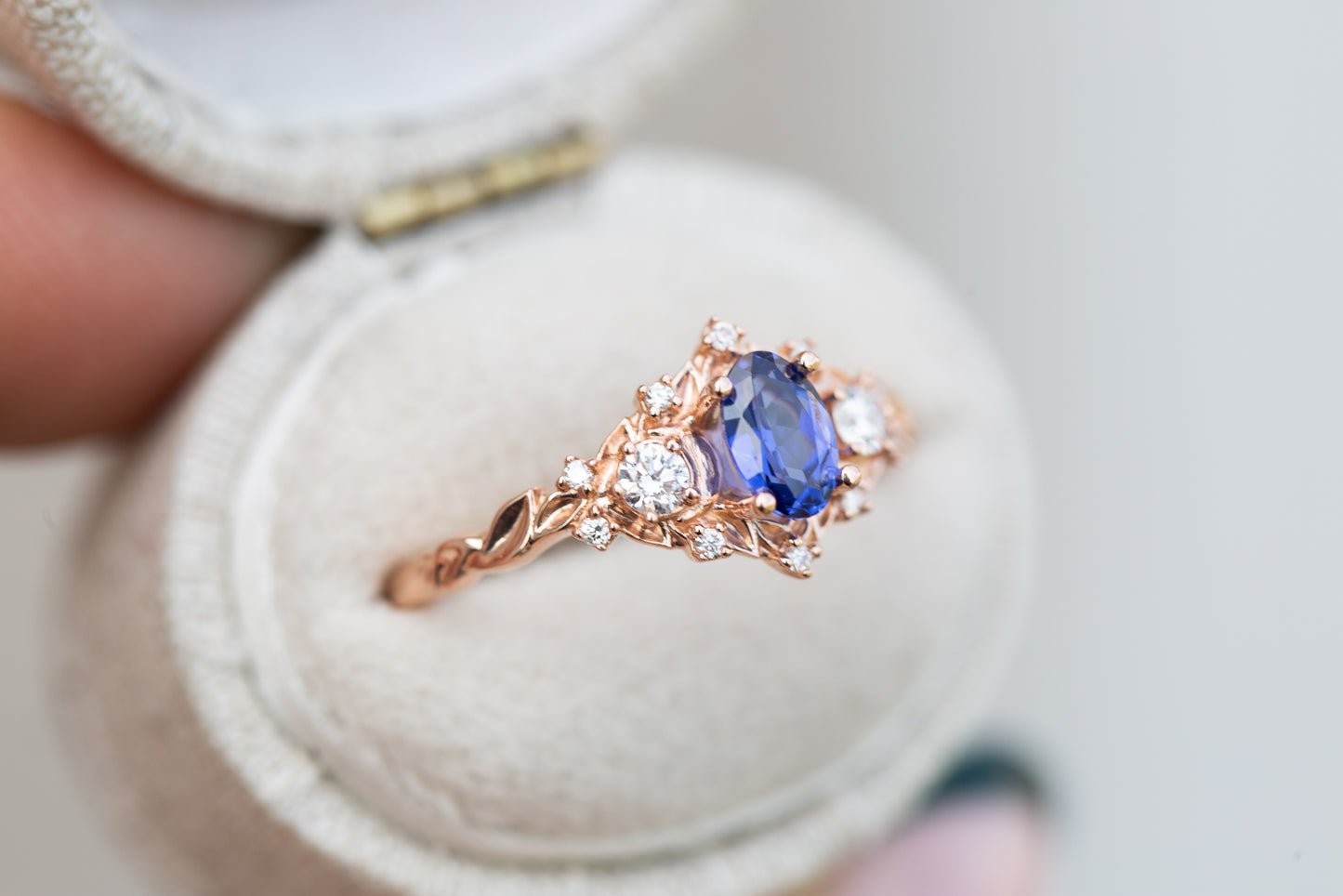 Load image into Gallery viewer, Briar rose crescent moon with oval lab blue sapphire
