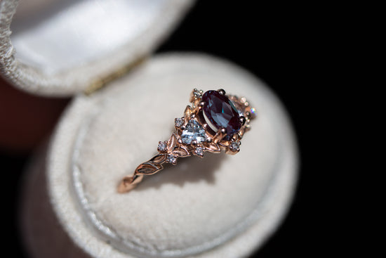 Briar rose three stone with oval alexandrite