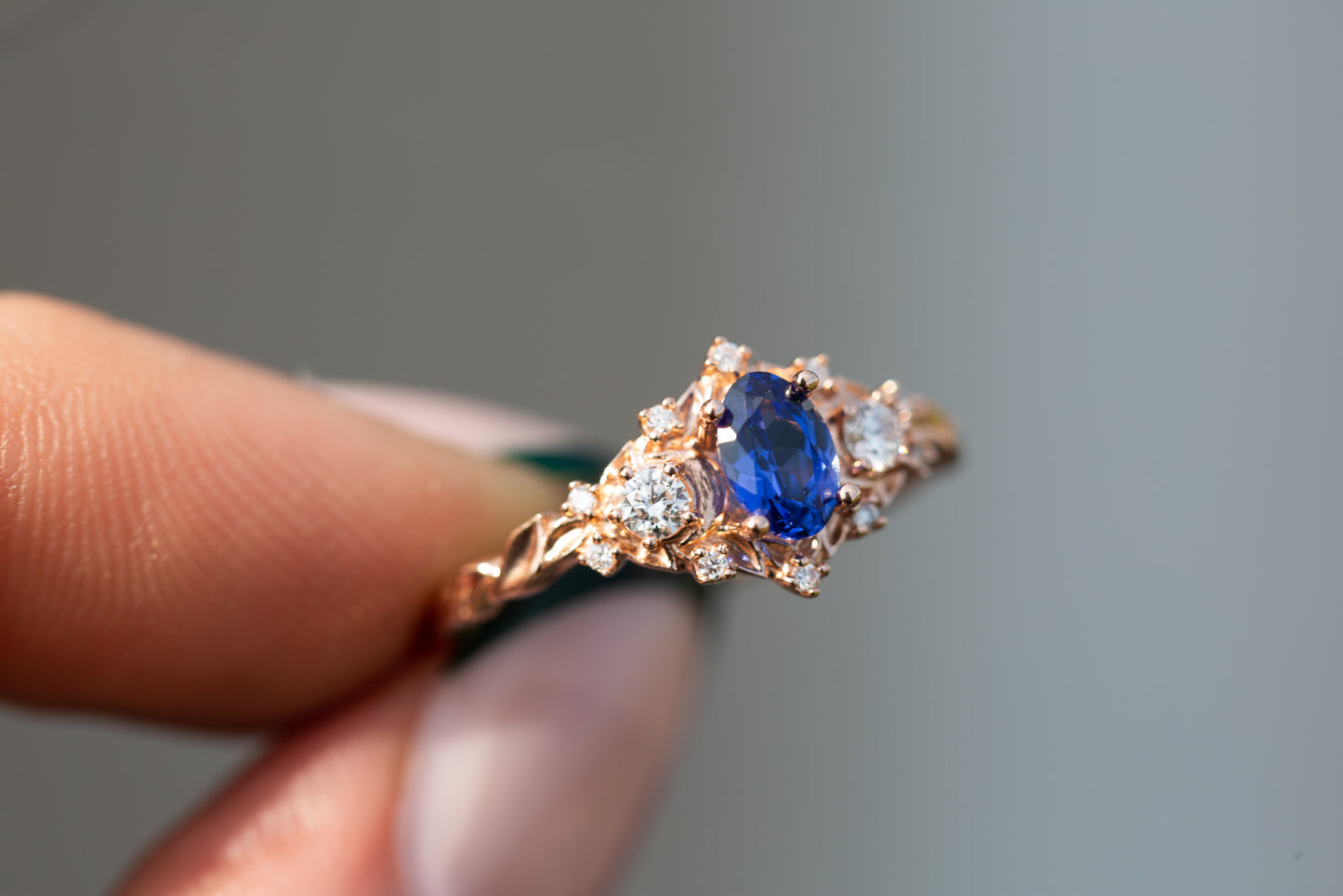 Load image into Gallery viewer, Briar rose crescent moon with oval lab blue sapphire
