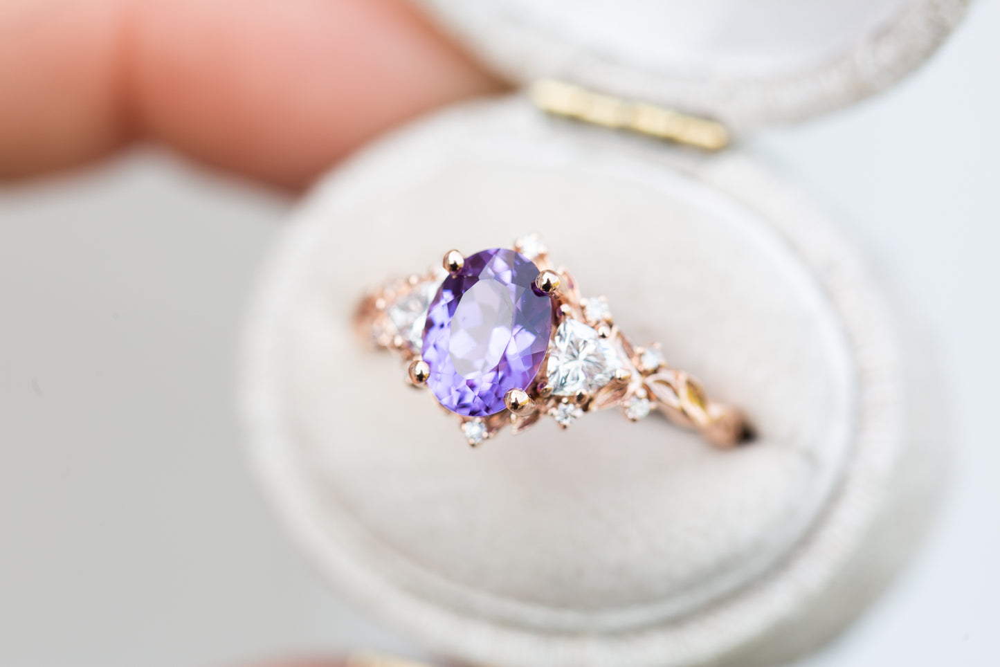 Briar rose three stone with 8x6mm oval lab purple sapphire