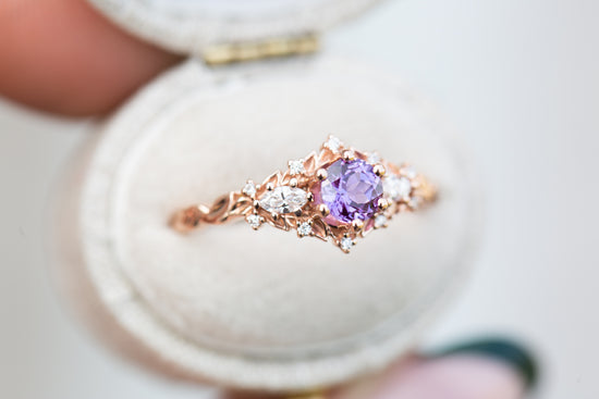 Load image into Gallery viewer, Briar rose three stone with 5mm round lab purple sapphire
